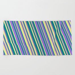 [ Thumbnail: Teal, Purple, and Tan Colored Lines Pattern Beach Towel ]