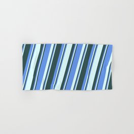 [ Thumbnail: Cornflower Blue, Light Cyan, and Dark Slate Gray Colored Pattern of Stripes Hand & Bath Towel ]