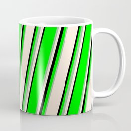 [ Thumbnail: Lime, Dark Sea Green, Beige & Black Colored Lined Pattern Coffee Mug ]