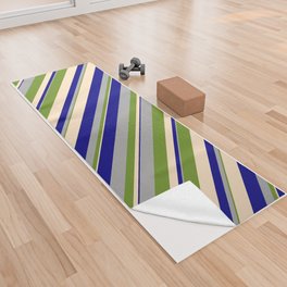 [ Thumbnail: Green, Dark Grey, Blue, and Bisque Colored Stripes/Lines Pattern Yoga Towel ]