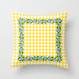 Blue Flowers - yellow check Throw Pillow