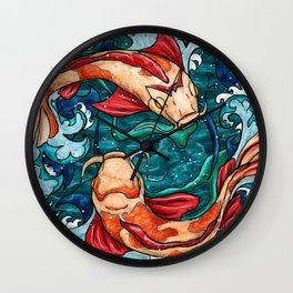 Japanese koi fish painting, koi fish couple in waves Wall Clock