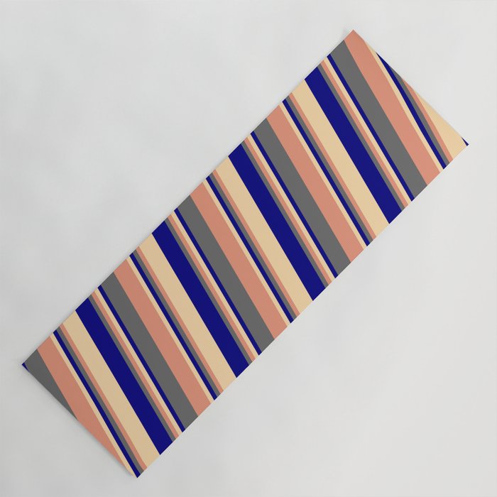 Dim Gray, Dark Salmon, Tan & Blue Colored Lined/Striped Pattern Yoga Mat