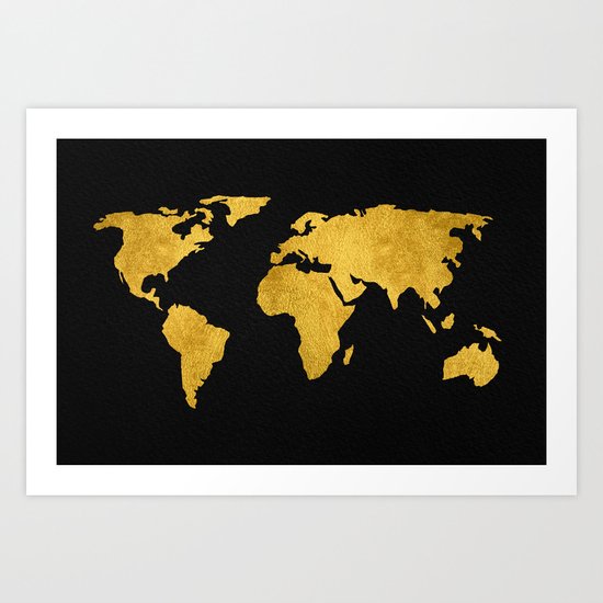 Metallic Gold Foil World Map On Black Art Print