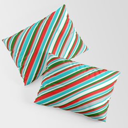 [ Thumbnail: Vibrant Red, Grey, Dark Turquoise, Mint Cream, and Dark Green Colored Striped/Lined Pattern Pillow Sham ]