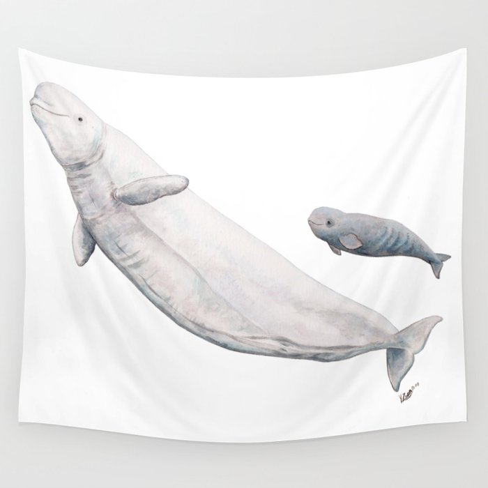 Beluga and baby beluga whale Wall Tapestry