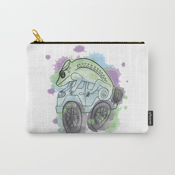 Chameleon Reptile on a Car. Watercolor Splashes Artwork. Carry-All Pouch