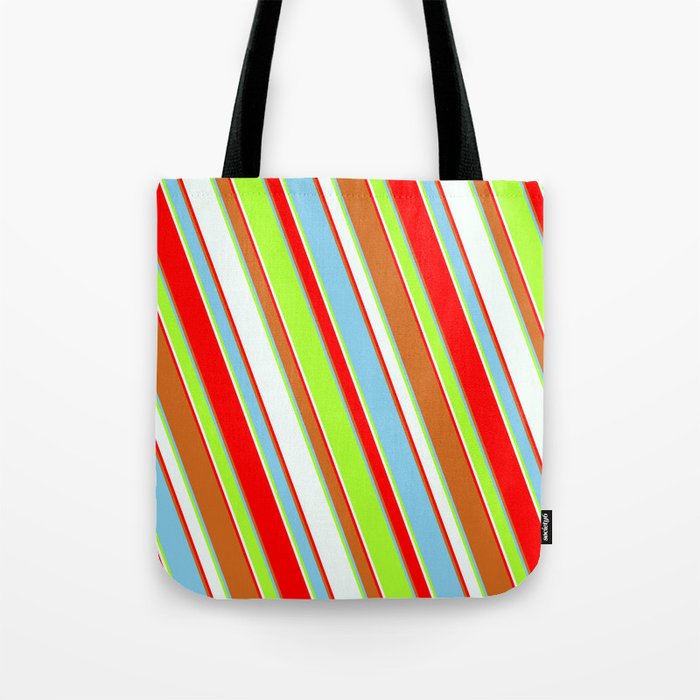 Colorful Chocolate, Sky Blue, Light Green, Mint Cream, and Red Colored Lined/Striped Pattern Tote Bag