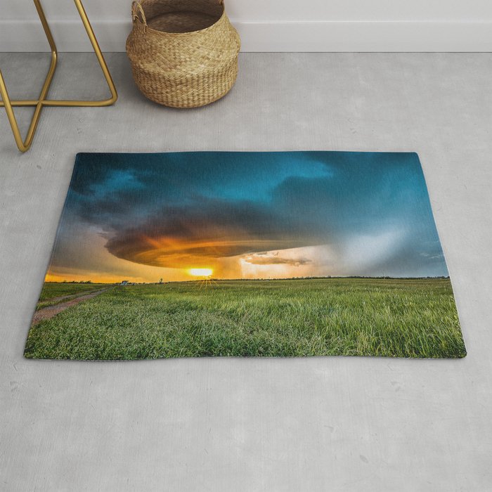Invasion - Supercell Thunderstorm Over Field at Sunset in Oklahoma Rug