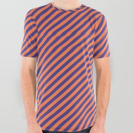 [ Thumbnail: Coral & Dark Slate Blue Colored Striped/Lined Pattern All Over Graphic Tee ]