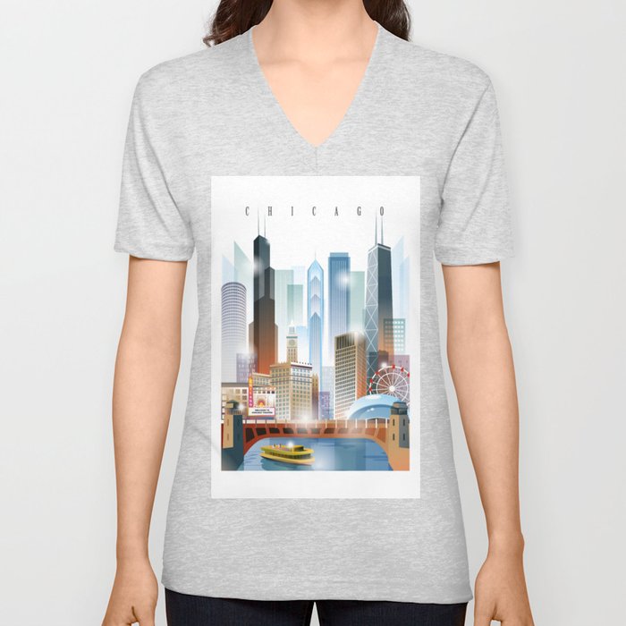Chicago City Skyline Painting Unisex V Neck By Uniquedrawing