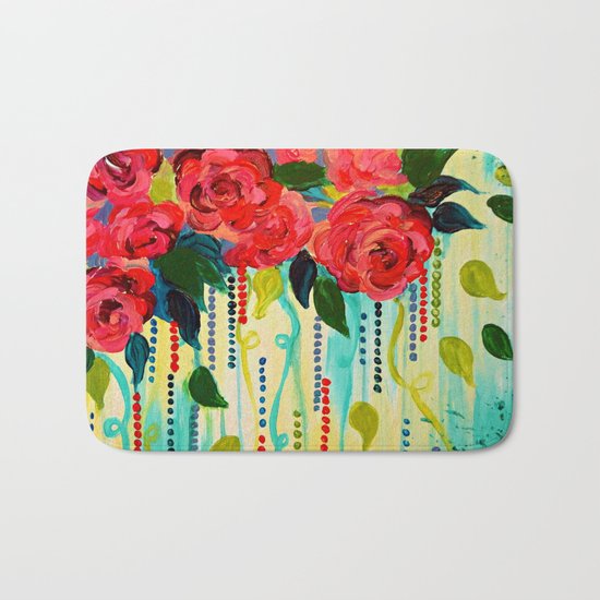 ROSE RAGE Stunning Summer Floral Abstract Flower Bouquet Feminine Pink Turquoise Lime Nature Art Bath Mat