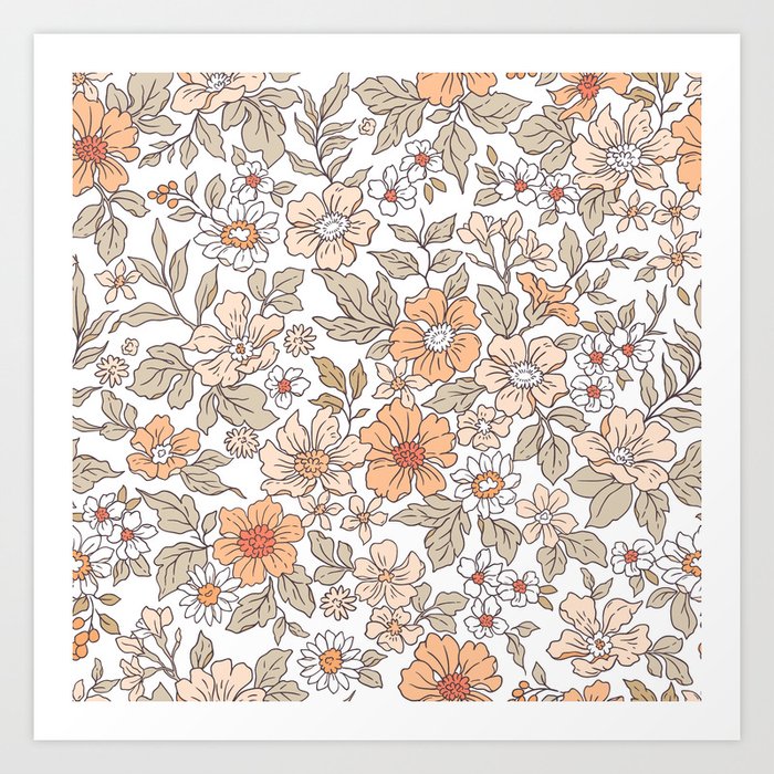 Beautiful vintage floral pattern in small realistic flowers. Small pale orange flowers. White background. Liberty style print. Floral background. The elegant the print. Art Print