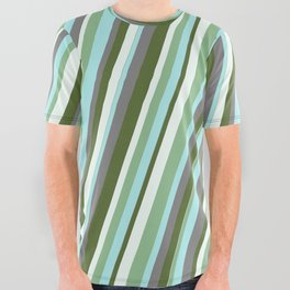 [ Thumbnail: Vibrant Dark Olive Green, Mint Cream, Dark Sea Green, Turquoise & Grey Colored Stripes Pattern All Over Graphic Tee ]