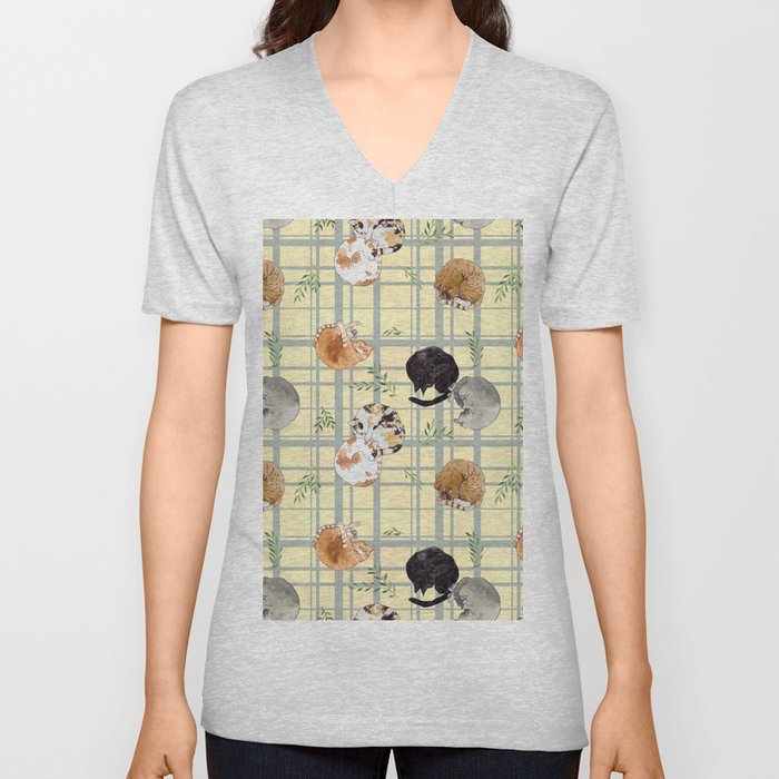 Sleeping Cats Pattern/Hand-drawn in Watercolour/Yellow Check Background V Neck T Shirt
