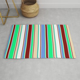 [ Thumbnail: Vibrant Green, Cornflower Blue, Tan, Maroon, and White Colored Lines Pattern Rug ]