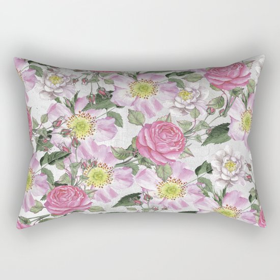 Vintage Rose Pattern Pink and White Rectangular Pillow