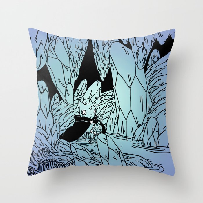 Cat in Crystal Cave with Sword Throw Pillow