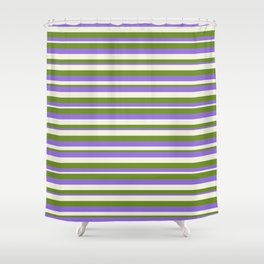 [ Thumbnail: Green, Purple, and Beige Colored Lines Pattern Shower Curtain ]