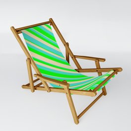 [ Thumbnail: Turquoise, Lime & Tan Colored Lined Pattern Sling Chair ]