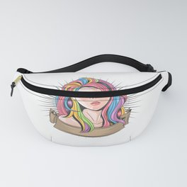 Beautiful Girl Face With Blue Eyes Full Color Unicorn Rainbow Hair Fanny Pack