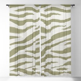 Earthy Green and Beige Zebra Tiger Animal Print Pattern Sheer Curtain