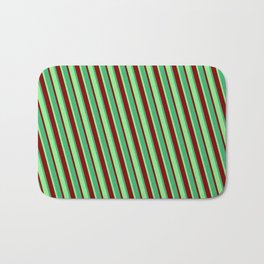 [ Thumbnail: Light Green, Maroon & Sea Green Colored Stripes/Lines Pattern Bath Mat ]
