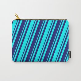 [ Thumbnail: Cyan & Midnight Blue Colored Stripes/Lines Pattern Carry-All Pouch ]