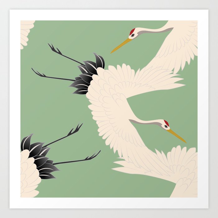Japanese Cranes on Sage Green Background Art Print