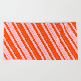 [ Thumbnail: Pink and Red Colored Lined Pattern Beach Towel ]