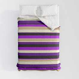 [ Thumbnail: Colorful Black, Dark Violet, Tan, Beige, and Indigo Colored Lined/Striped Pattern Comforter ]