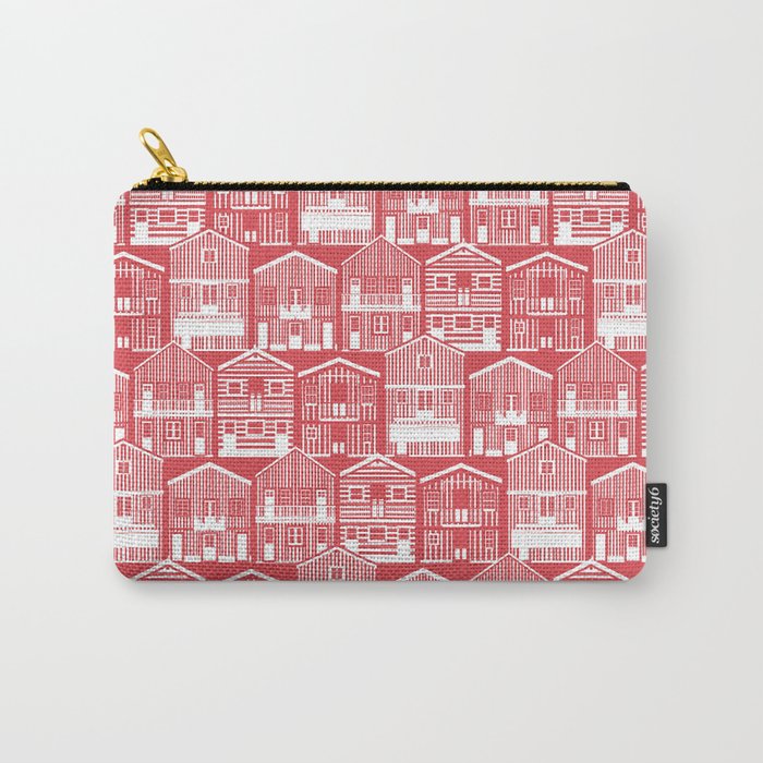 Monochromatic Portuguese houses // mandy red background white striped Costa Nova inspired houses Carry-All Pouch