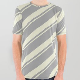 [ Thumbnail: Dark Gray & Beige Colored Striped/Lined Pattern All Over Graphic Tee ]