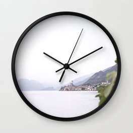 Lake Garda Town and Foggy Mountains | Landscape Photograph Wall Clock
