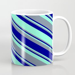 [ Thumbnail: Aquamarine, Slate Gray, and Blue Colored Pattern of Stripes Coffee Mug ]