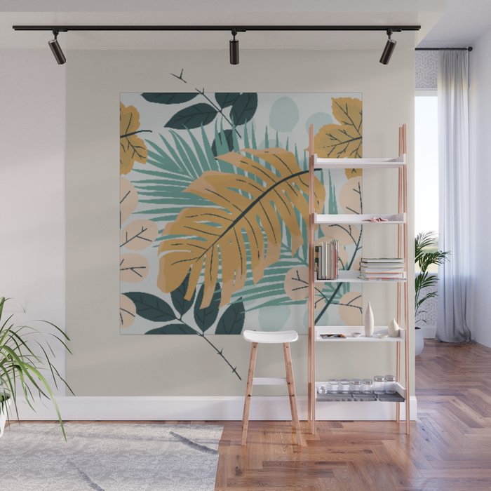 Multicolored Hand Draw Tropical Leaves Seamless Pattern Wall Mural