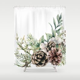 Christmas Pine Bouquet, Watercolor Floral Prints Shower Curtain