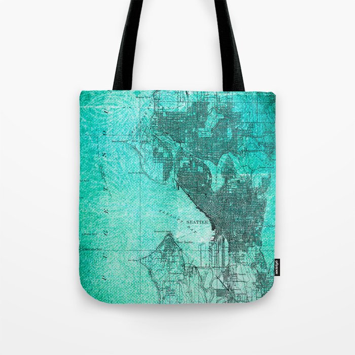 Turquoise Seattle Map Design Tote Bag