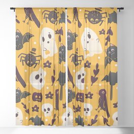 Colourful Orange Halloween Seamless Pattern with Cute Spider, Crow and Ghost Characters Sheer Curtain