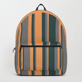 [ Thumbnail: Grey, Dark Slate Gray & Brown Colored Lined/Striped Pattern Backpack ]