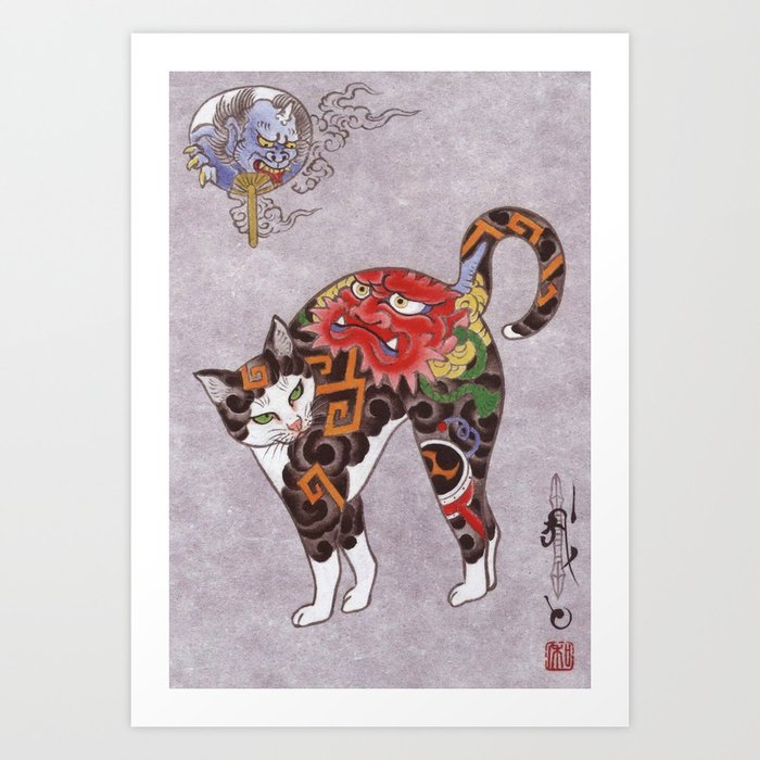 Antique Japanese Woodblock Print Cat with Flower Tattoos Art Print