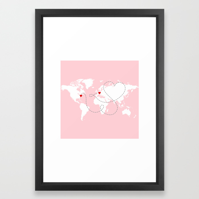 World Map In Pink Usa To Europe New York To Germany Framed Art Print