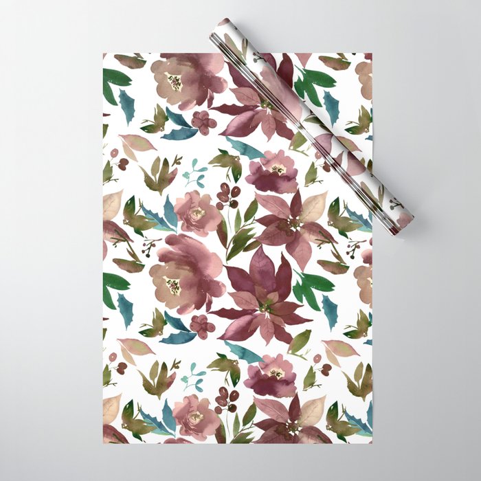 Burgundy green brown poinsettia christmas floral Wrapping Paper by