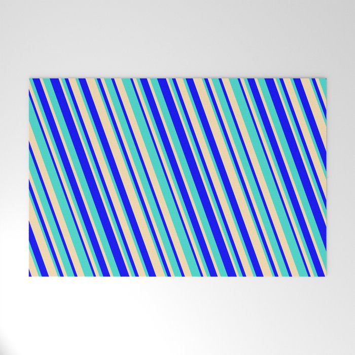 Blue, Turquoise & Beige Colored Striped/Lined Pattern Welcome Mat