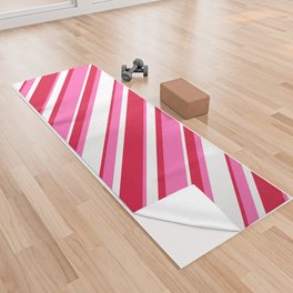 [ Thumbnail: Crimson, White & Hot Pink Colored Striped/Lined Pattern Yoga Towel ]