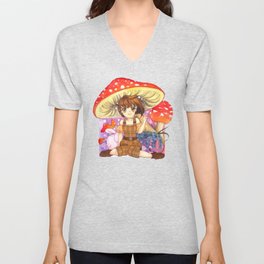 Kawaii Anime girl with enchanted forest mushroom theme V Neck T Shirt