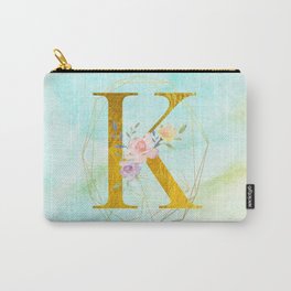 Gold Foil Alphabet Letter K Initials Monogram Frame with a Gold Geometric Wreath Carry-All Pouch