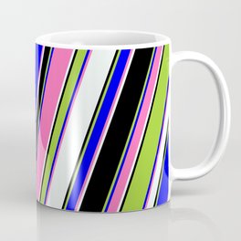 [ Thumbnail: Eye-catching Green, Blue, Hot Pink, Mint Cream & Black Colored Pattern of Stripes Coffee Mug ]
