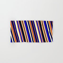 [ Thumbnail: Chocolate, Light Yellow, Black & Blue Colored Lines/Stripes Pattern Hand & Bath Towel ]