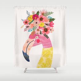 Pink flamingo with flowers on head Shower Curtain